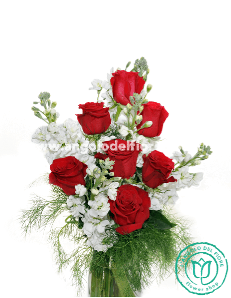 MANGO bouquet di 7 rose rosse lunghe e viole a ciocca bianche