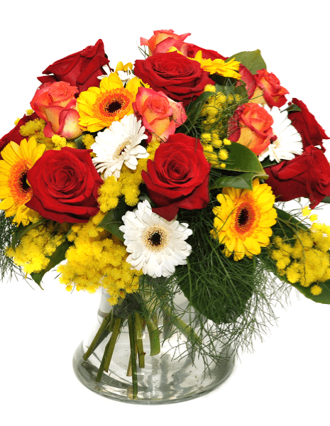 Bouquet rose gerbere e mimosa