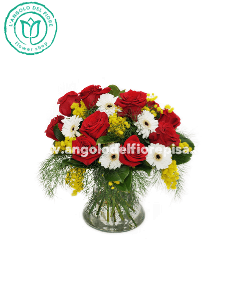 Bouquet rose rosse, gerbere chiare, mimosa