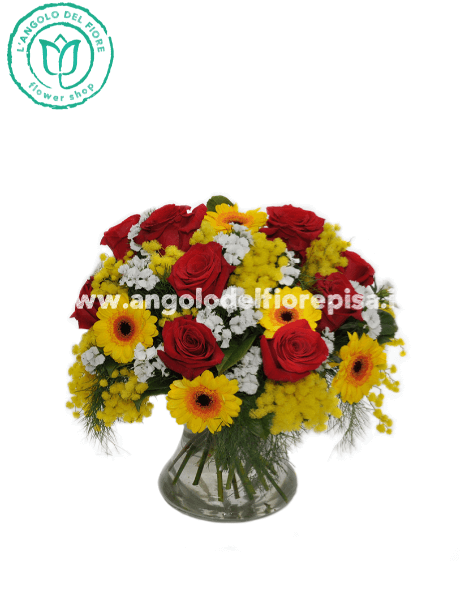 Bouquet rose rosse, gerbere, fiori misti di stagione e mimosa