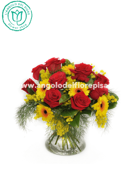 bouquet roselline rosse gerbere e mimosa