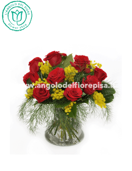 bouquet con roselline rosse e mimosa 