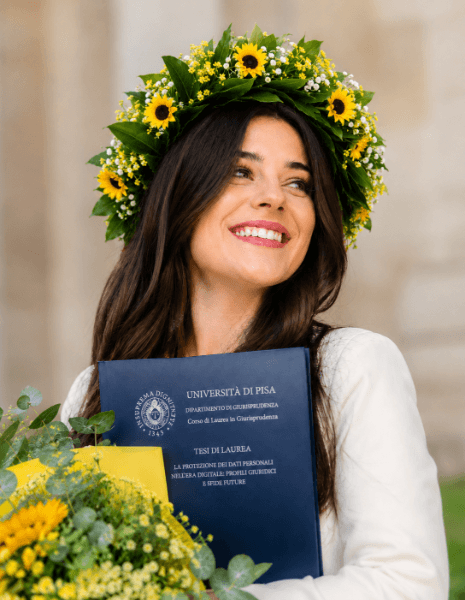 Corona di laurea con girasoli e gypsophila bianca e gialla - con 3 mini girasoli